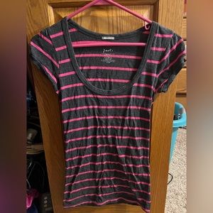 Pink and gray striped blouse